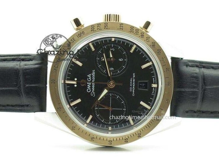 0509 Trendsetting Speedmaster ’57 SS Chrono AXF Best Edition RG Bezel Black Dial on Black Leather Strap A 8283